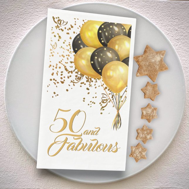 Serviette En Papier Elégant Black Gold 50e Anniversaire Balloons Confe (guest towel)