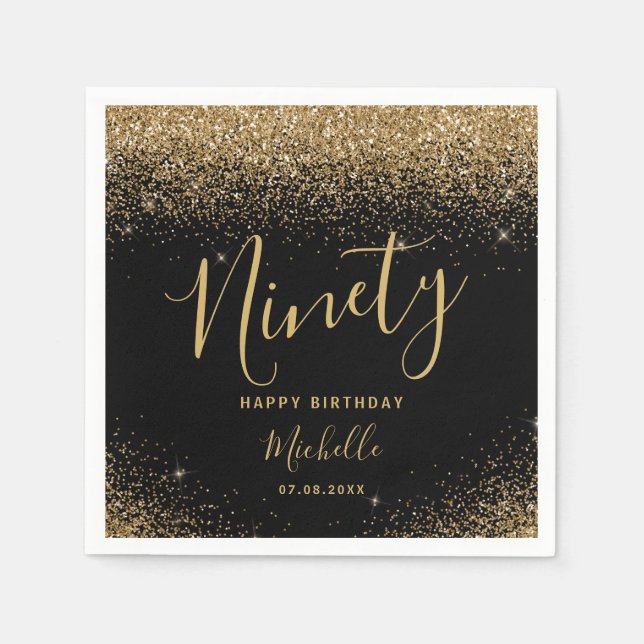 Serviette En Papier Elégant Black Gold 90th Birthday Parties scintilla (Devant)