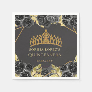 Serviette En Papier Elégant Black Gold Floral Tiara Quinceanera