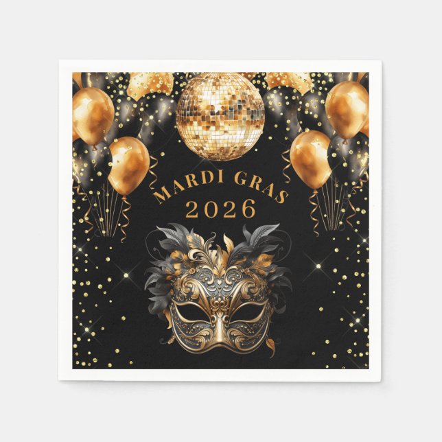 Serviette En Papier Elegant Black Gold Glitter Mardi Gras 2026 (Devant)