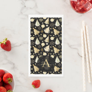 Serviette En Papier Élégant Black Gold Snowflakes Christmas Tree Balls