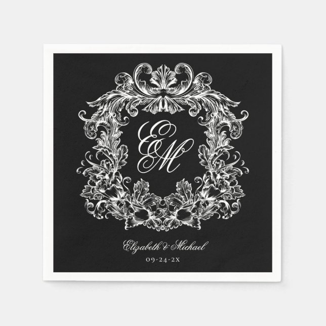 Serviette En Papier Elegant Black White Monogram Crest Script Wedding (Devant)