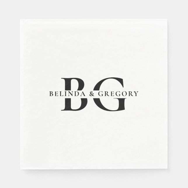 Serviette En Papier Élégant blanc Monogramme noir Initiales Mariage (Devant)