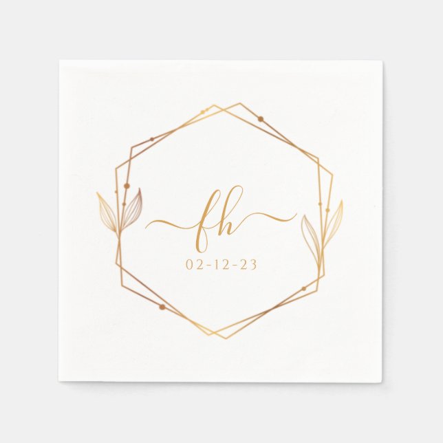 Serviette En Papier Elégant Blanc Or Luxe Floral Mariage Monogramme (Devant)