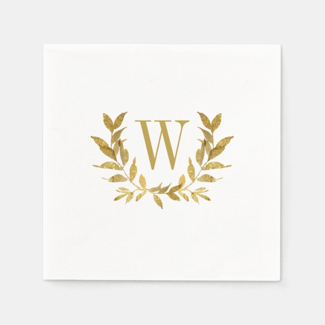 Serviette En Papier Élégant Blanc Or Moderne Monogramme Mariage (Devant)