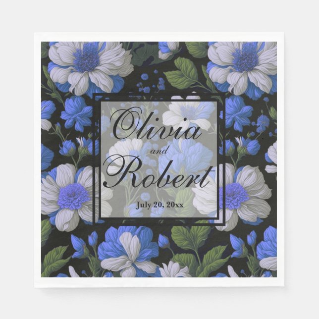 Serviette En Papier Elégant bleu argenté blanc élégant floral rétro (Devant)