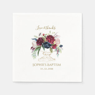 Serviette En Papier Elégant Bleu Bourgogne Aquarelle Fleurs Baptême