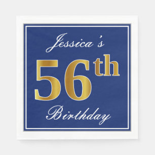 Serviette En Papier Elégant bleu, Faux Gold 56e anniversaire; Nom pers