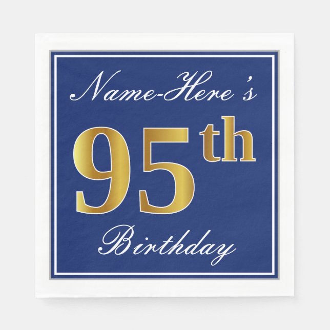 Serviette En Papier Elégant bleu, Faux Gold 95e anniversaire; Nom pers (Devant)