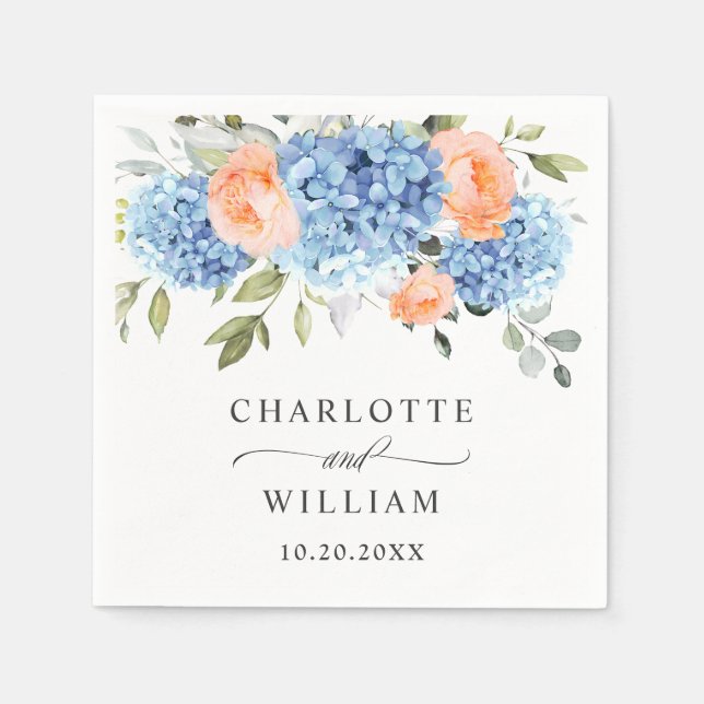 Serviette En Papier Élégant bleu Hydrangea rose Rose Mariage (Devant)