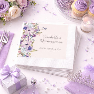 Serviette En Papier Élégant bleu lilas floral horizontal Quinceañera 