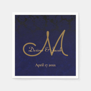 Serviette En Papier Élégant bleu marine bleu or Monogramme floral