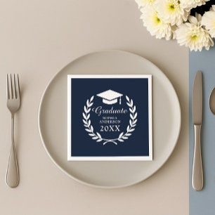 Serviette En Papier Élégant bleu marine Nom personnalisé Emblème de gr