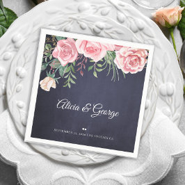 Serviette En Papier Elégant bleu marine rose aquarelle mariage