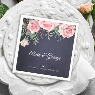 Serviette En Papier Elégant bleu marine rose aquarelle mariage