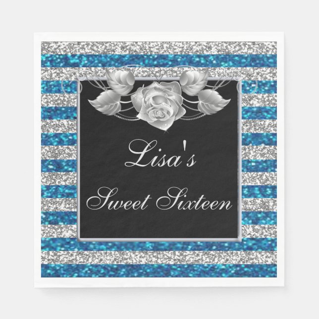 Serviette En Papier Elégant bleu Parties scintillant argent Rose argen (Devant)