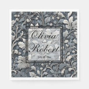 Serviette En Papier Élégant bleu poussiéreux argenté blanc gris floral