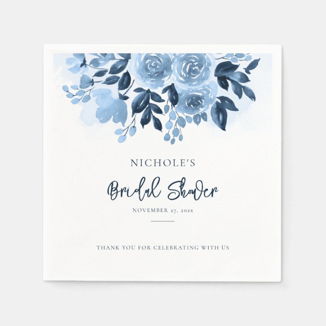 Serviette En Papier Élégant Bleu Poussiéreux Floral Mariage Script (Devant)