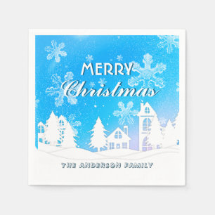 Serviette En Papier Élégant Blue Maison Blanche Snowflakes Joyeux Noël