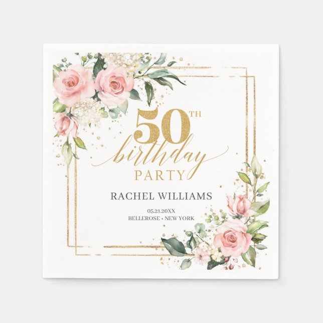 Serviette En Papier Elégant Blush floral rose verdure 50e anniversaire (Devant)