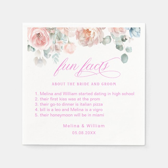 Serviette En Papier Élégant Blush rose Floral Fun Facts Mariage (Devant)