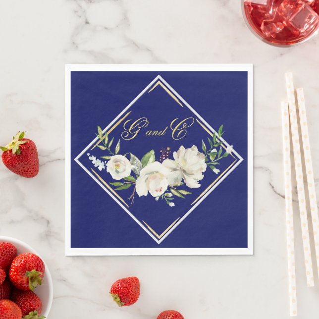 Serviette En Papier Élégant Boho Blue Floral Mariage Monogramme (En situation)