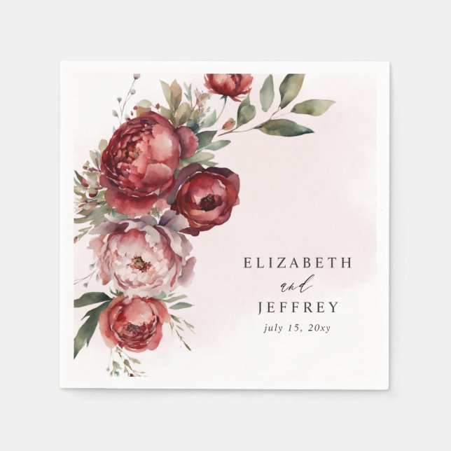 Serviette En Papier Élégant Boho Bourgogne Blush Floral Mariage (Devant)
