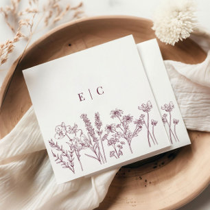 Serviette En Papier Elegant Boho violet Fleur sauvage initial Mariage 