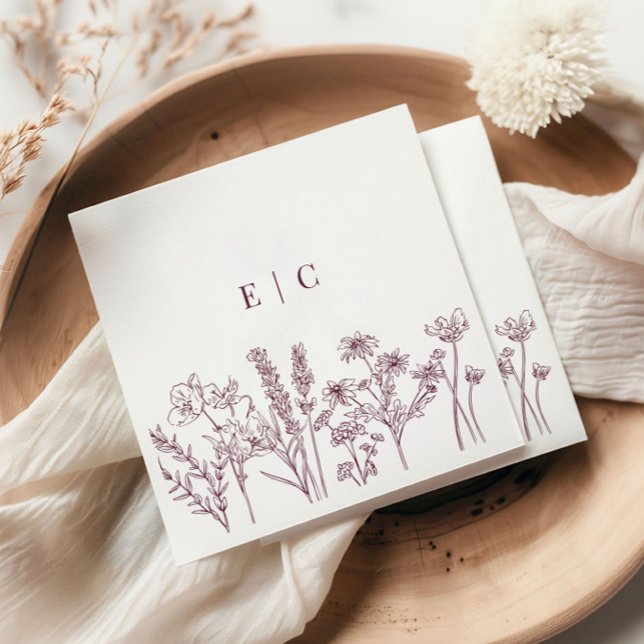 Serviette En Papier Elegant Boho violet Fleur sauvage initial Mariage  (Créateur téléchargé)