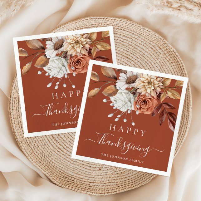 Serviette En Papier Élégant Bon thanksgiving floral en terre cuite aut (Elegant Terracotta Fall Floral Happy Thanksgiving Napkins)