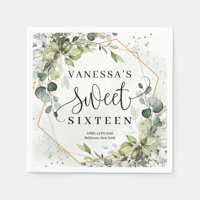 Serviette En Papier Élégant botanique vert eucalyptus or Sweet 16 (Devant)