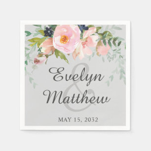 Serviette En Papier Élégant bouquet floral rose et gris Mariage N