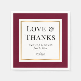 Serviette En Papier Elégant Bourgogne et Gold Love et Merci Mariage