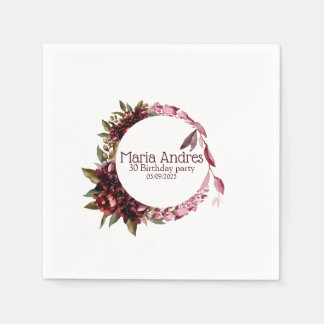 Serviette En Papier Elégant Bourgogne Floral Anniversaire Napkin
