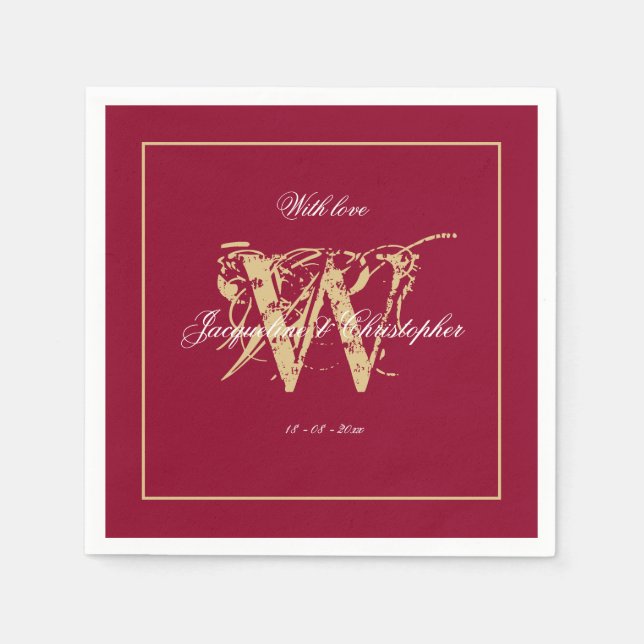 Serviette En Papier Élégant Bourgogne Or Monogramme Noms Mariage chic (Devant)