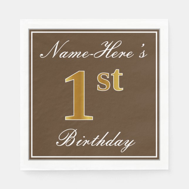 Serviette En Papier Elégant Brown, Faux Gold 1er Anniversaire ; Nom pe (Devant)