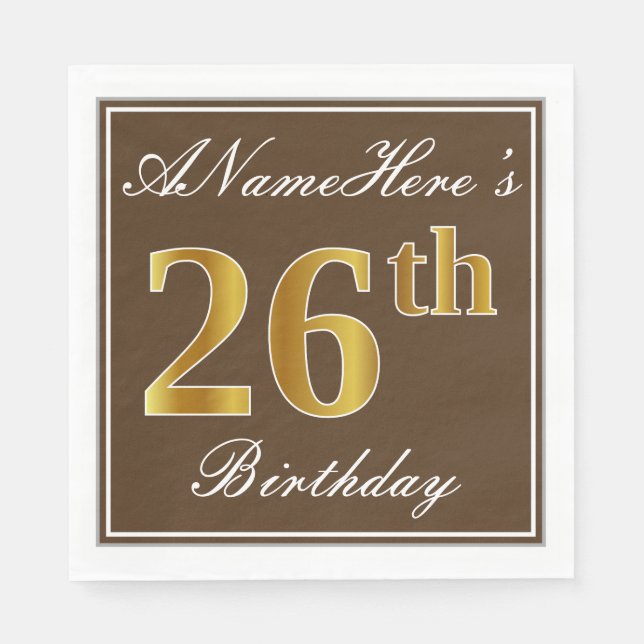 Serviette En Papier Elégant Brown, Faux Gold 26ème anniversaire + Nom (Devant)