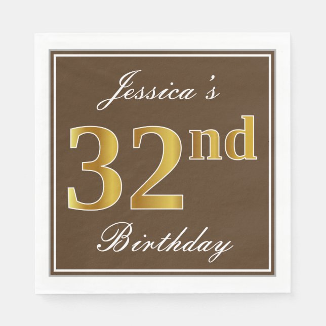 Serviette En Papier Elégant Brown, Faux Gold 32ème anniversaire + Nom (Devant)