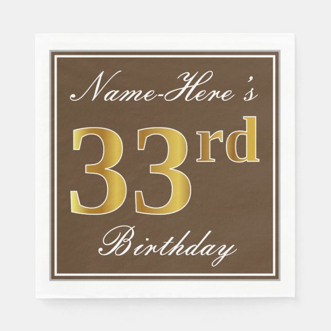 Serviette En Papier Elégant Brown, Faux Gold 33ème anniversaire + Nom (Devant)