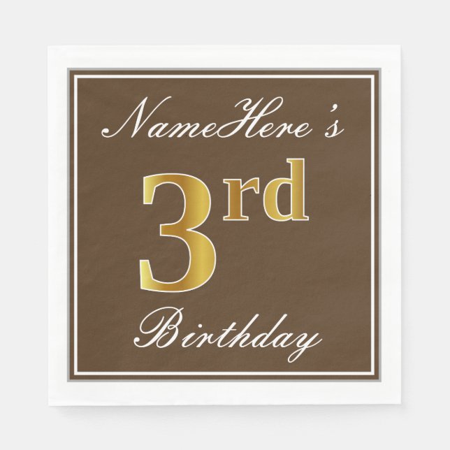 Serviette En Papier Elégant Brown, Faux Gold 3e anniversaire; Nom pers (Devant)