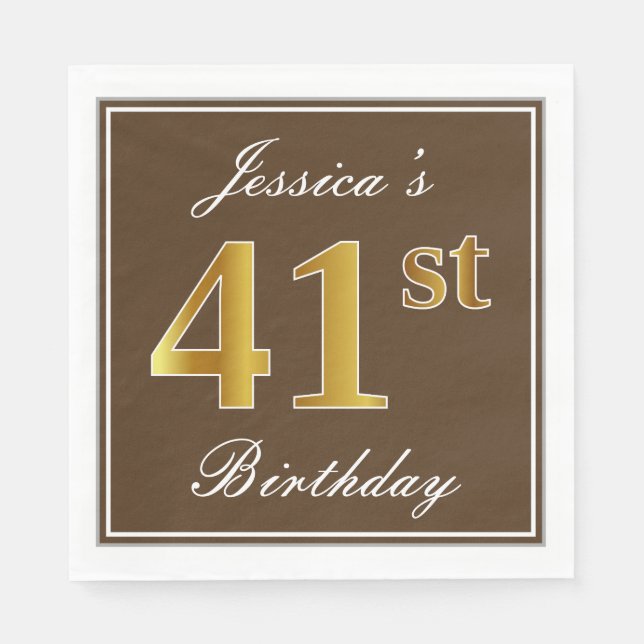 Serviette En Papier Elégant Brown, Faux Gold 41ème Anniversaire + Nom (Devant)