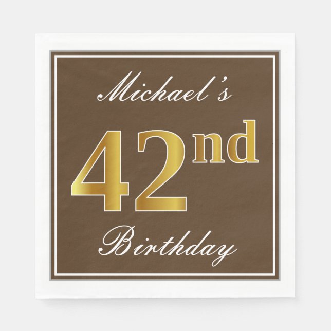 Serviette En Papier Elégant Brown, Faux Gold 42ème anniversaire + Nom (Devant)