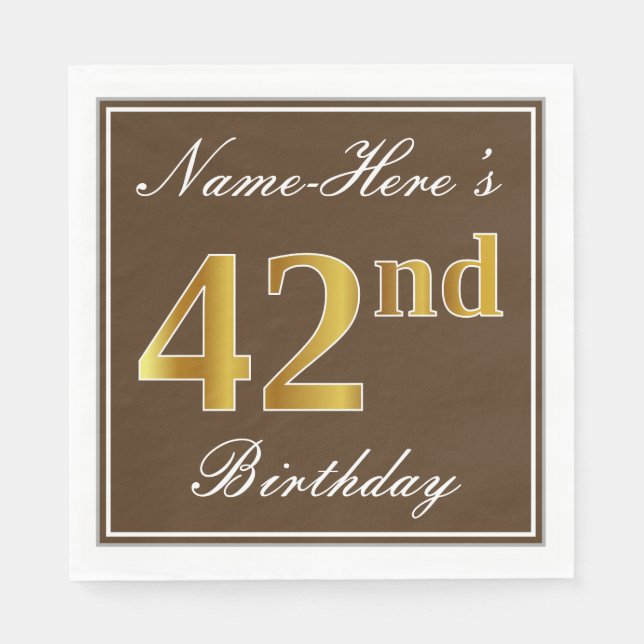 Serviette En Papier Elégant Brown, Faux Gold 42ème anniversaire + Nom (Devant)