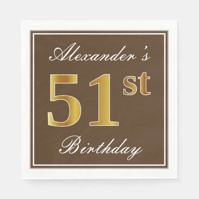 Serviette En Papier Elégant Brown, Faux Gold 51ème Anniversaire + Nom (Devant)