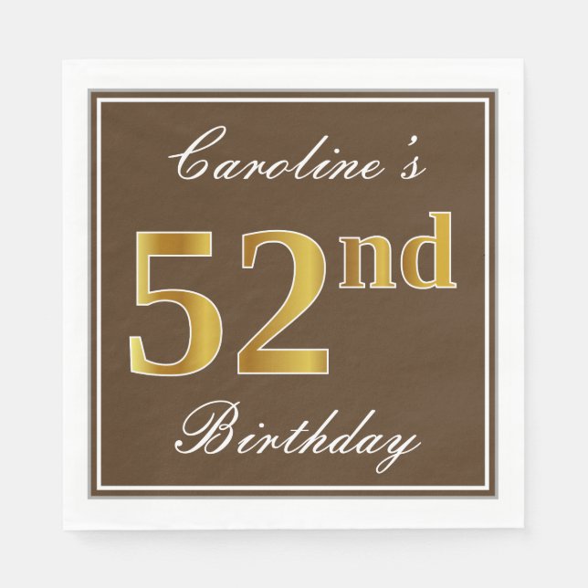 Serviette En Papier Elégant Brown, Faux Gold 52ème anniversaire + Nom (Devant)