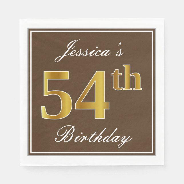 Serviette En Papier Elégant Brown, Faux Gold 54ème anniversaire + Nom (Devant)