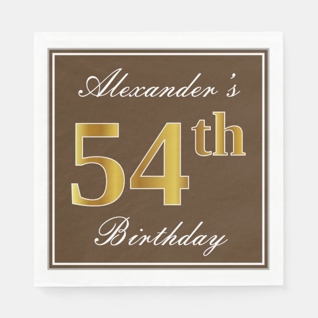 Serviette En Papier Elégant Brown, Faux Gold 54ème anniversaire + Nom (Devant)
