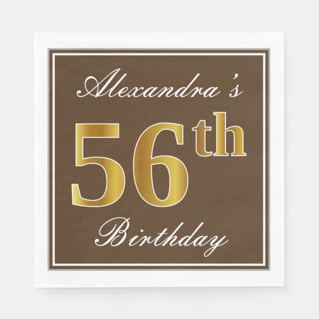 Serviette En Papier Elégant Brown, Faux Gold 56ème anniversaire + Nom (Devant)