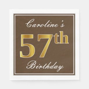 Serviette En Papier Elégant Brown, Faux Gold 57ème anniversaire + Nom