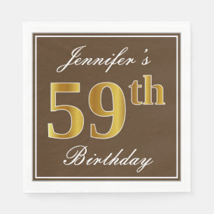 Serviette En Papier Elégant Brown, Faux Gold 59ème anniversaire + Nom